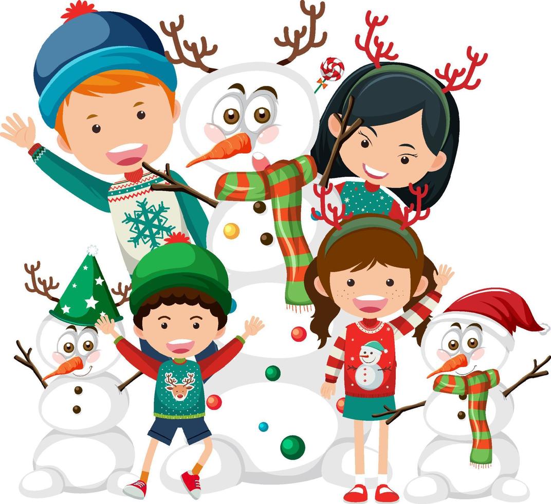 glückliche familie im weihnachtsthema mit schneemann vektor