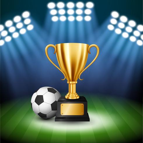 Fußball-Meisterschaft mit goldener Trophäe und Fußball mit belichtetem Scheinwerfer, Vektor-Illustration vektor