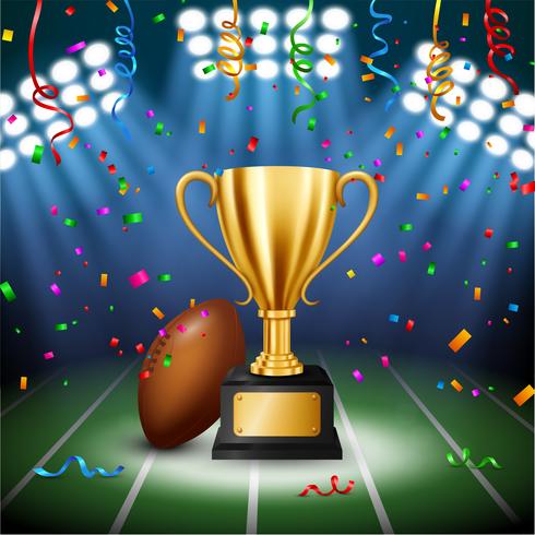 Amerikansk fotbollsmästerskap med Golden Trophy med fallande konfetti och upplyst spotlight, Vector Illustration
