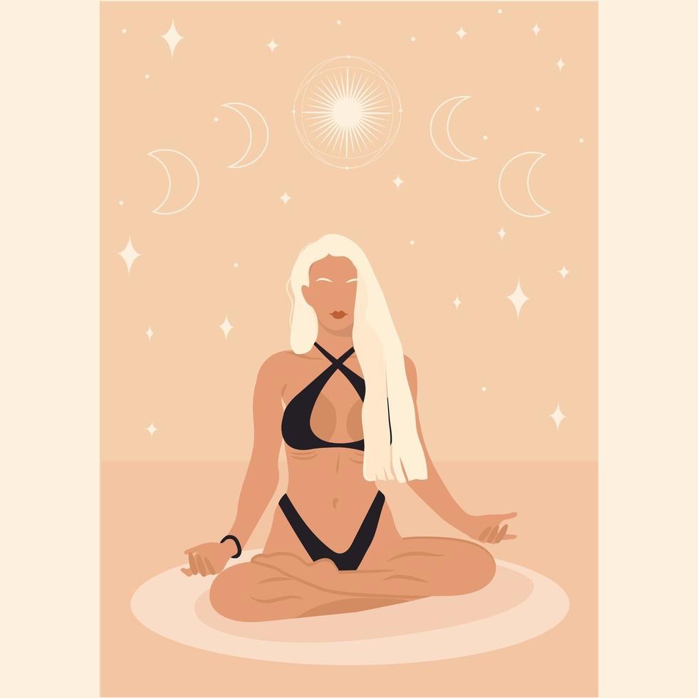 yoga med en tjej. en ansiktslös karaktär som gör yoga. klasser, onlineutbildning, arbete, hem. illustration. vektor. kan användas för att skapa collage i webbdesign vektor