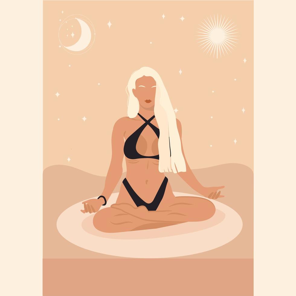 yoga med en tjej. en ansiktslös karaktär som gör yoga. klasser, onlineutbildning, arbete, hem. illustration. vektor. kan användas för att skapa collage i webbdesign vektor