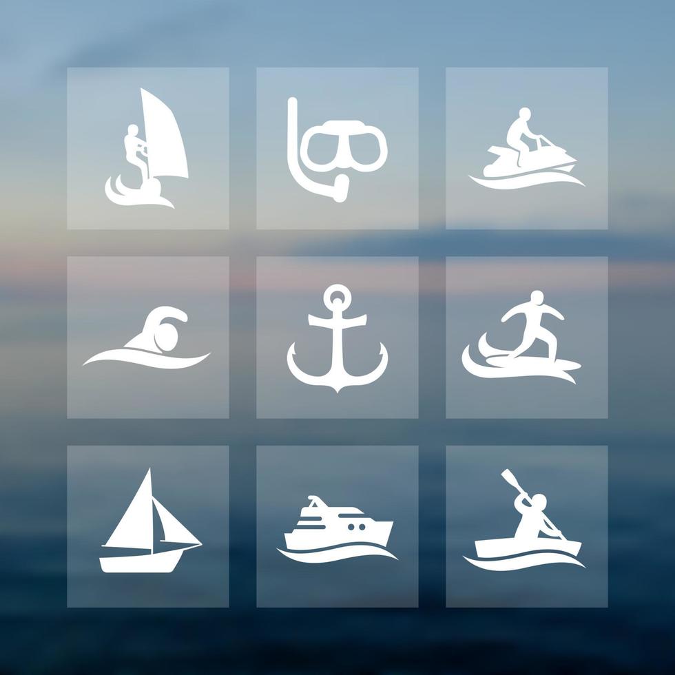 vattensporter ikoner set, dykning, simning, surfing, segling, rodd vektor