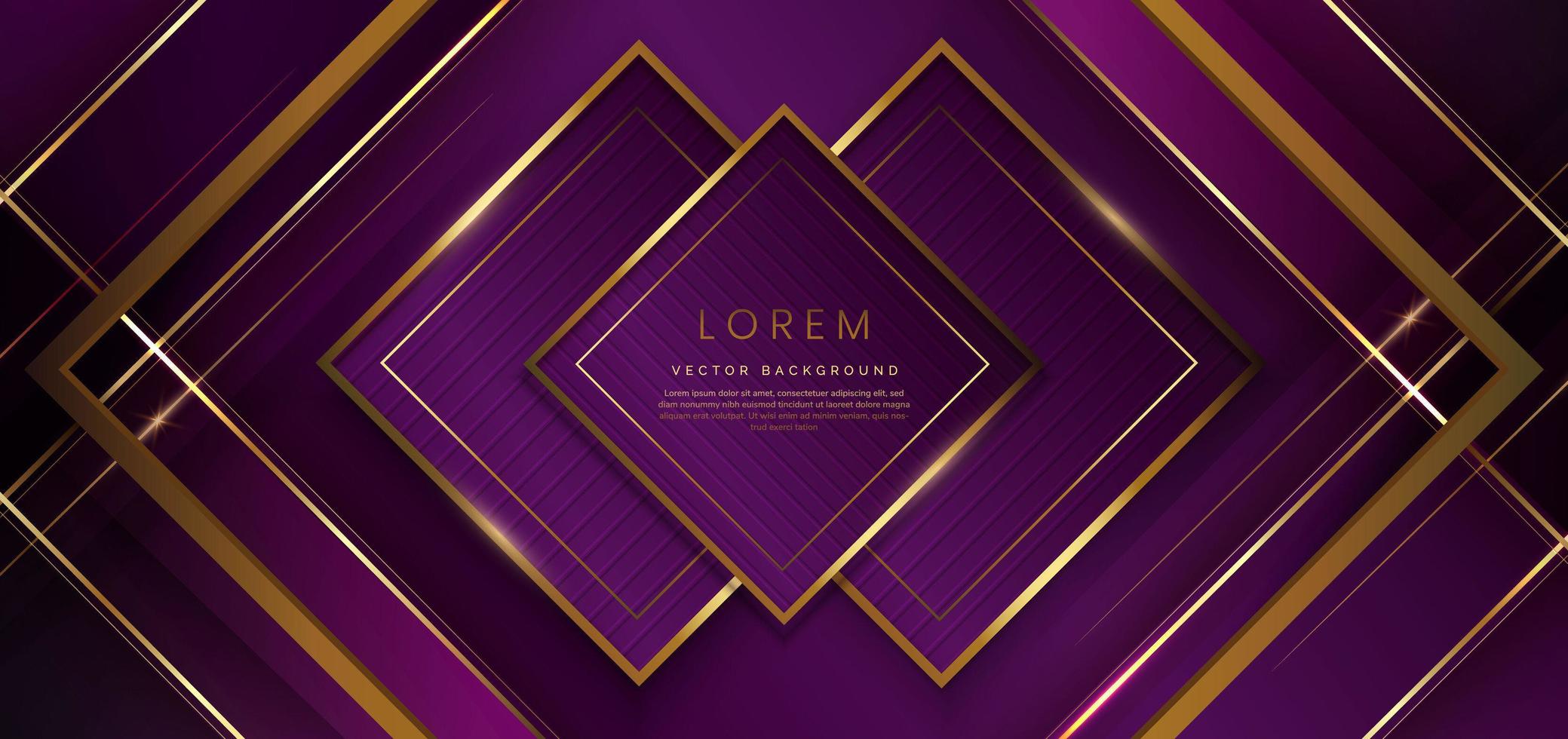 abstrakt 3d modern lyx mall violett färg och guld pil bakgrund med gyllene glitter linje ljus gnistra. ram kvadratisk koncept. vektor