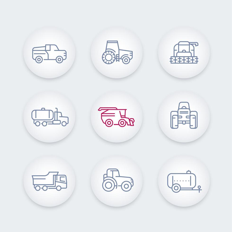 Symbole für landwirtschaftliche Maschinen, Traktor, Mähdrescher, Getreideerntemähdrescher, LKW, Pickup vektor