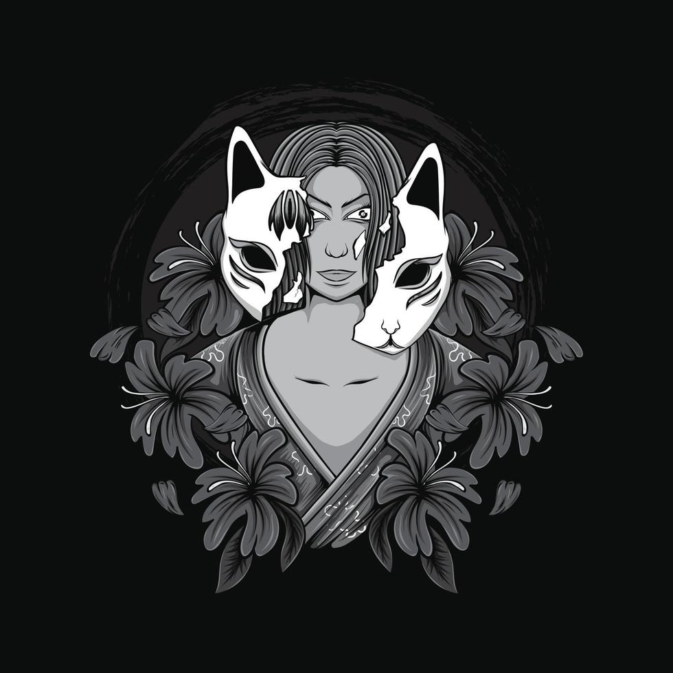 japanische geisha-frauenillustration mit kitsune-maske und blumen für t-shirt design und druck vektor