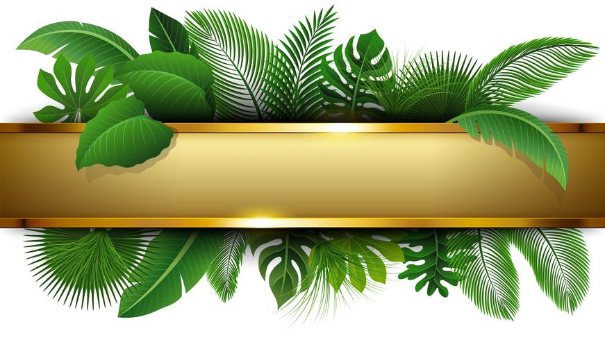 Gyllene banderoll med textutrymme av Tropical Leave. Lämplig för naturkoncept, semester och sommarlov. Vektor illustration