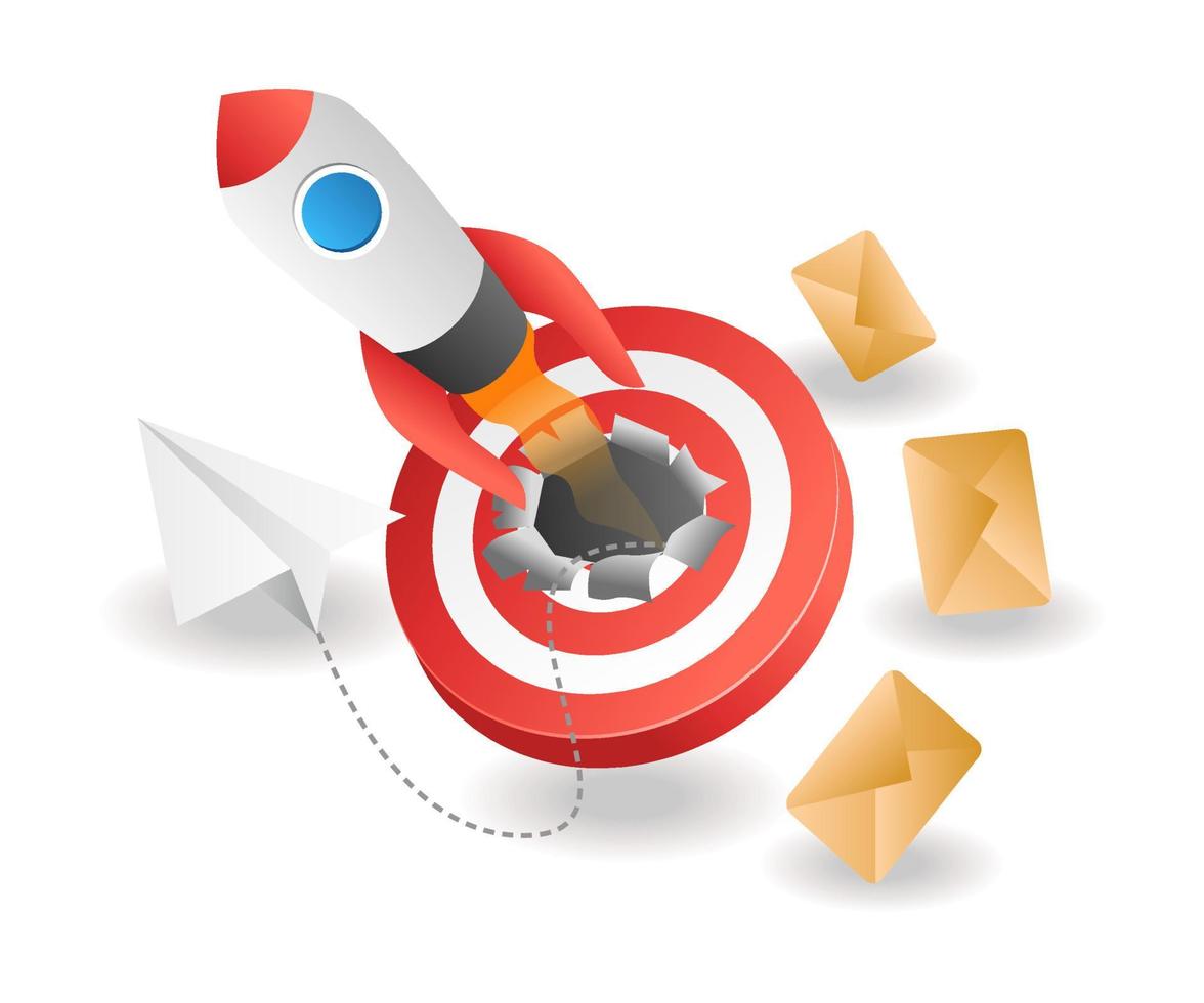 flaches isometrisches illustrationskonzept. digitale E-Mail-Marketing-Strategie zum Raketenstart vektor