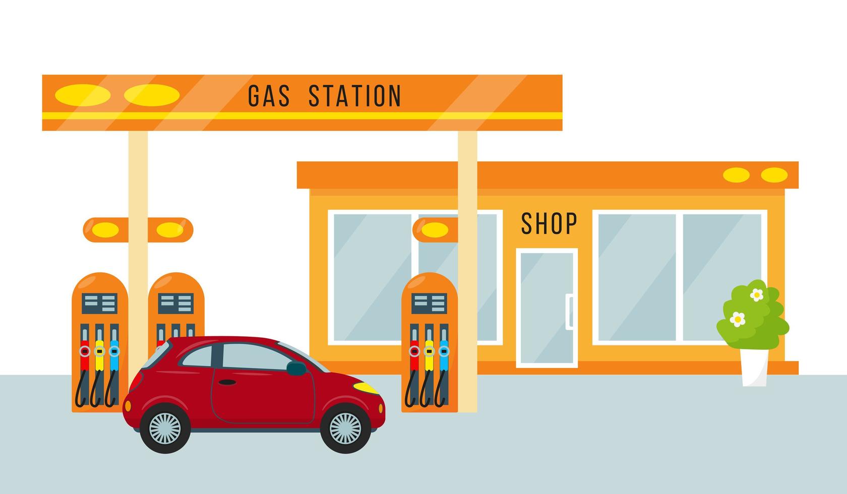 Gas- und Tankstelle. rotes auto tanken. vektor