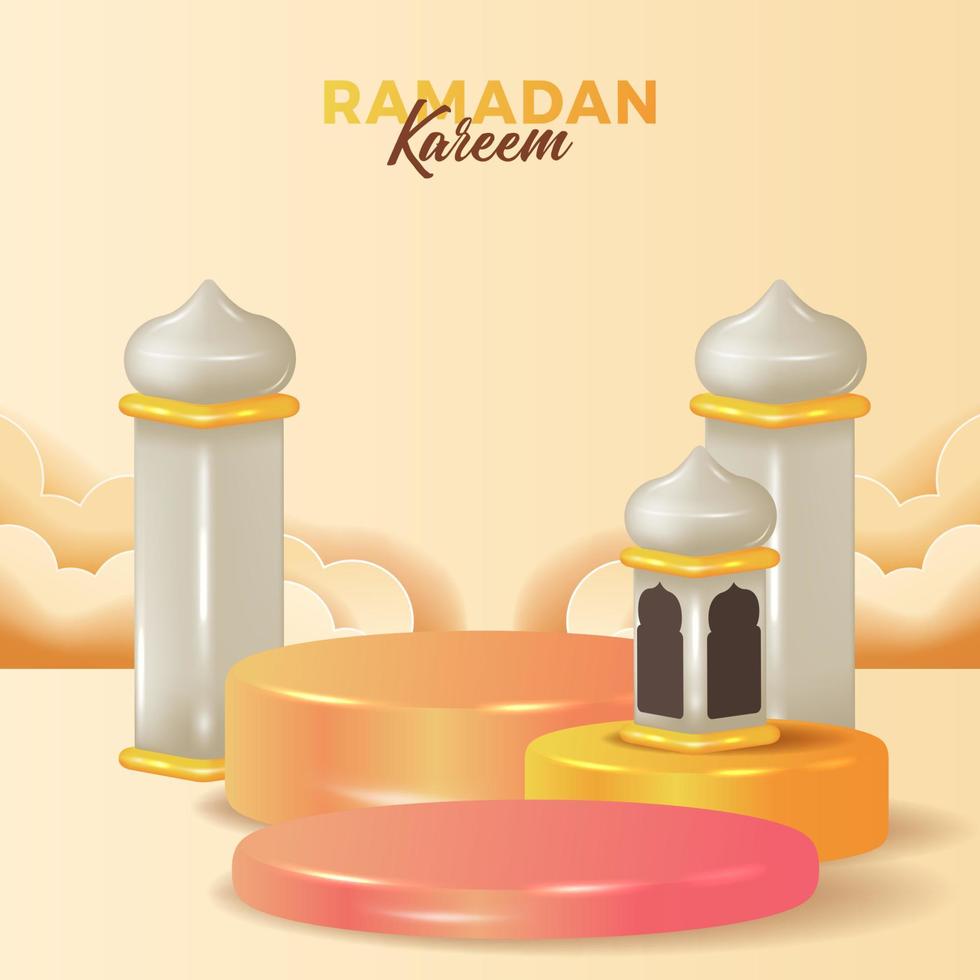 ramadan kareem mit 3d niedlicher laternenmoscheenkuppel mit podiumanzeigezylinderbühnenprodukt für social media-vorlage vektor