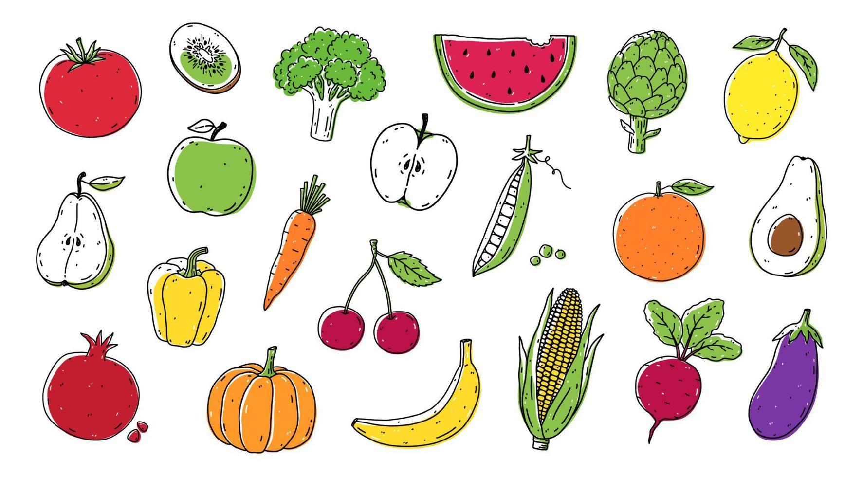 satz obst und gemüse - mais, brokkoli, rote bete, tomate, karotte, avocado, apfel, birne, zitrone, banane, orange und andere. organische gesunde lebensmittel. handgezeichnete Vektorgrafik im Doodle-Stil. vektor