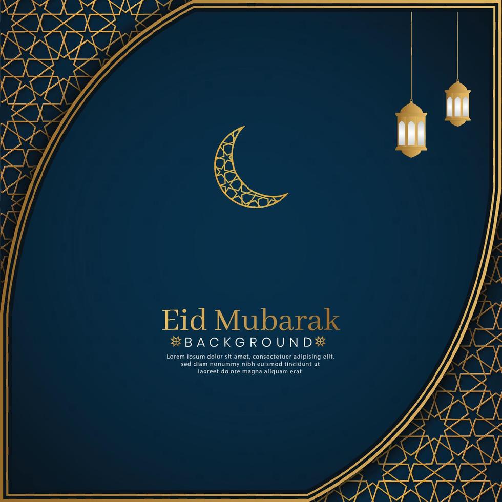 eid mubarak islamischer arabischer blauer luxushintergrund mit goldenem musterrandrahmen und laterne vektor