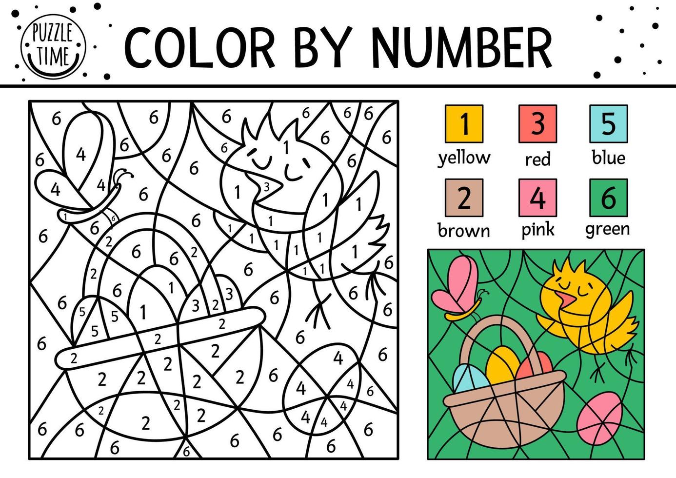 vektor påsk färg efter nummer aktivitet med chick, korg, fjäril, ägg. vårlov färgläggning och räkning spel med söt fågel. rolig färgsida för barn med traditionella symboler.