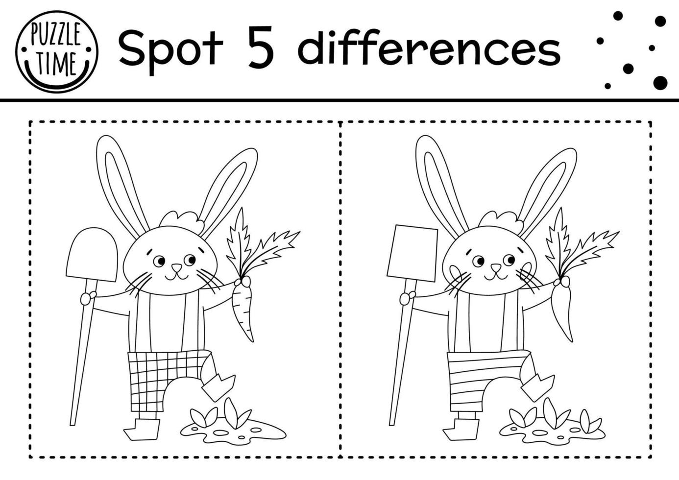 påsk hitta skillnader spel för barn. semester svart och vit pedagogisk aktivitet och målarbok med rolig kanin med spade och morot. vårträdgård utskrivbart kalkylblad med söt karaktär. vektor