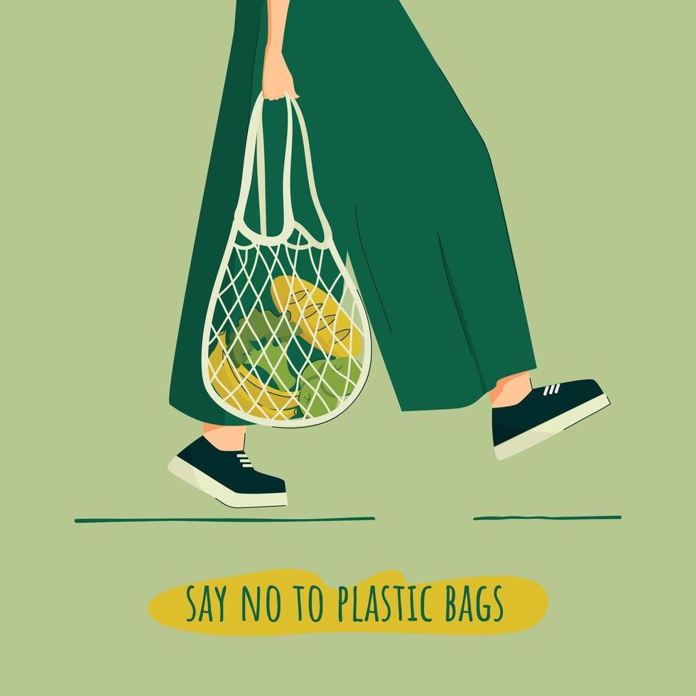 flickan håller en eco-väska med matvaror i händerna. titeln i illustrationen säger nej till plastpåsar. eps 10. vektor