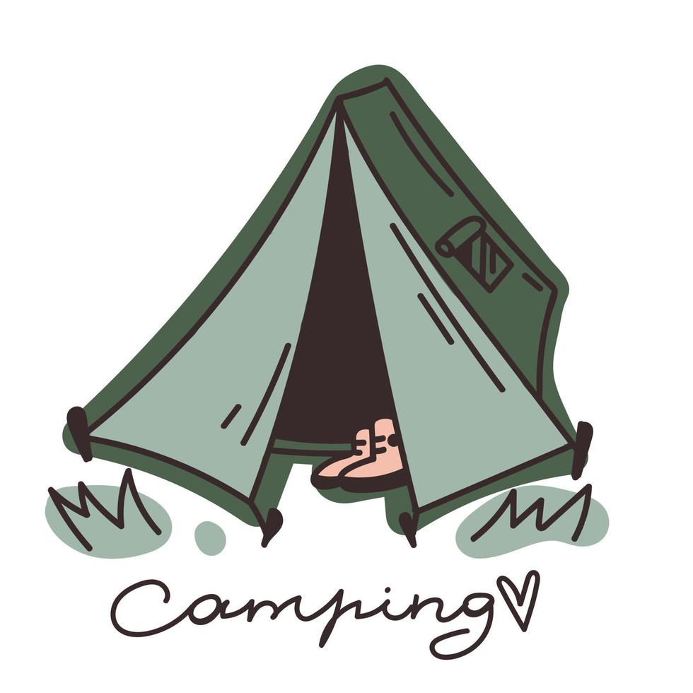 handritade vektorclipart av ett lägertält. doodle tält ikon. camping handskrivet ord. isolerade element på vit bakgrund. vektor