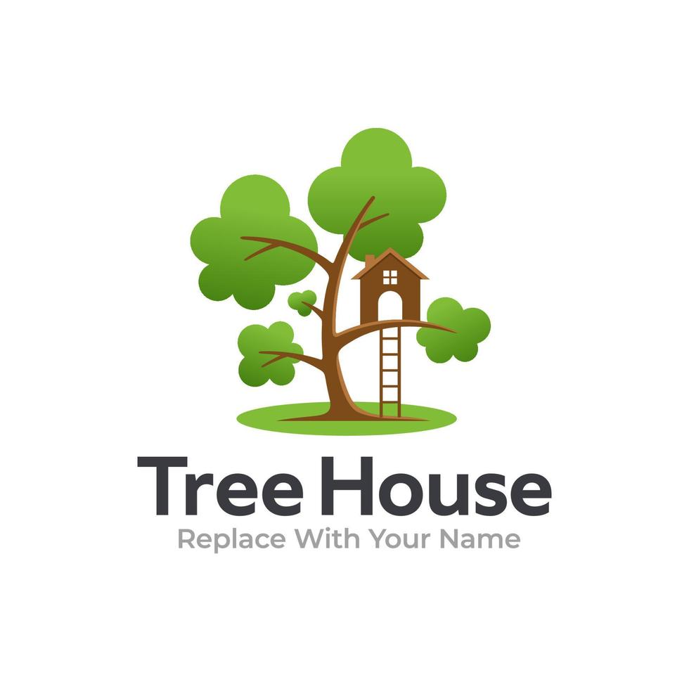 tree house logotyp med illustration av ett litet hus på ett träd vektor