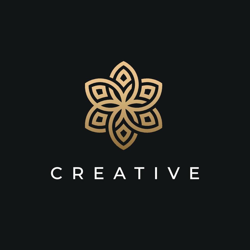 abstrakt blomma logotyp med guld färg ikoner och svart bakgrund vektor