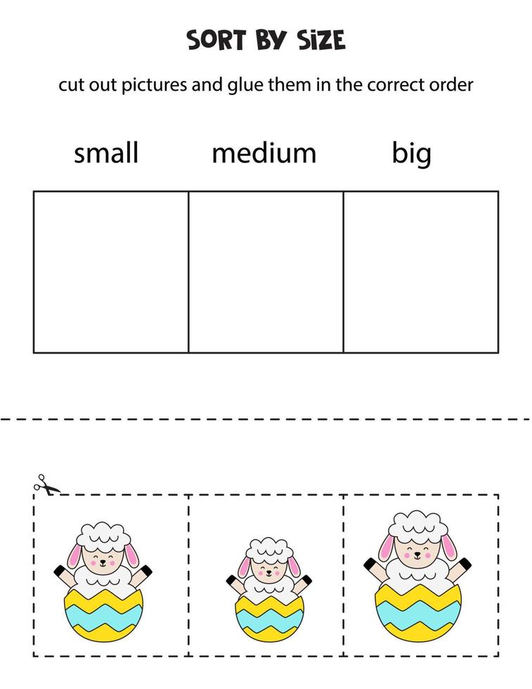 Osterschafe nach Größe sortieren. pädagogisches arbeitsblatt für kinder. vektor