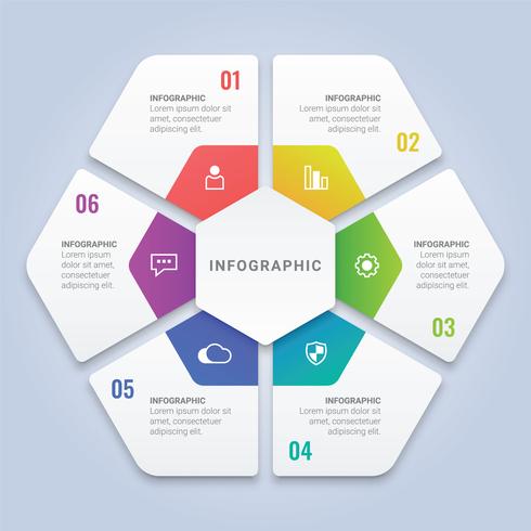 3D Hexagon Infographic Mall med sex alternativ för arbetsflödeslayout, diagram, årsrapport, webbdesign vektor