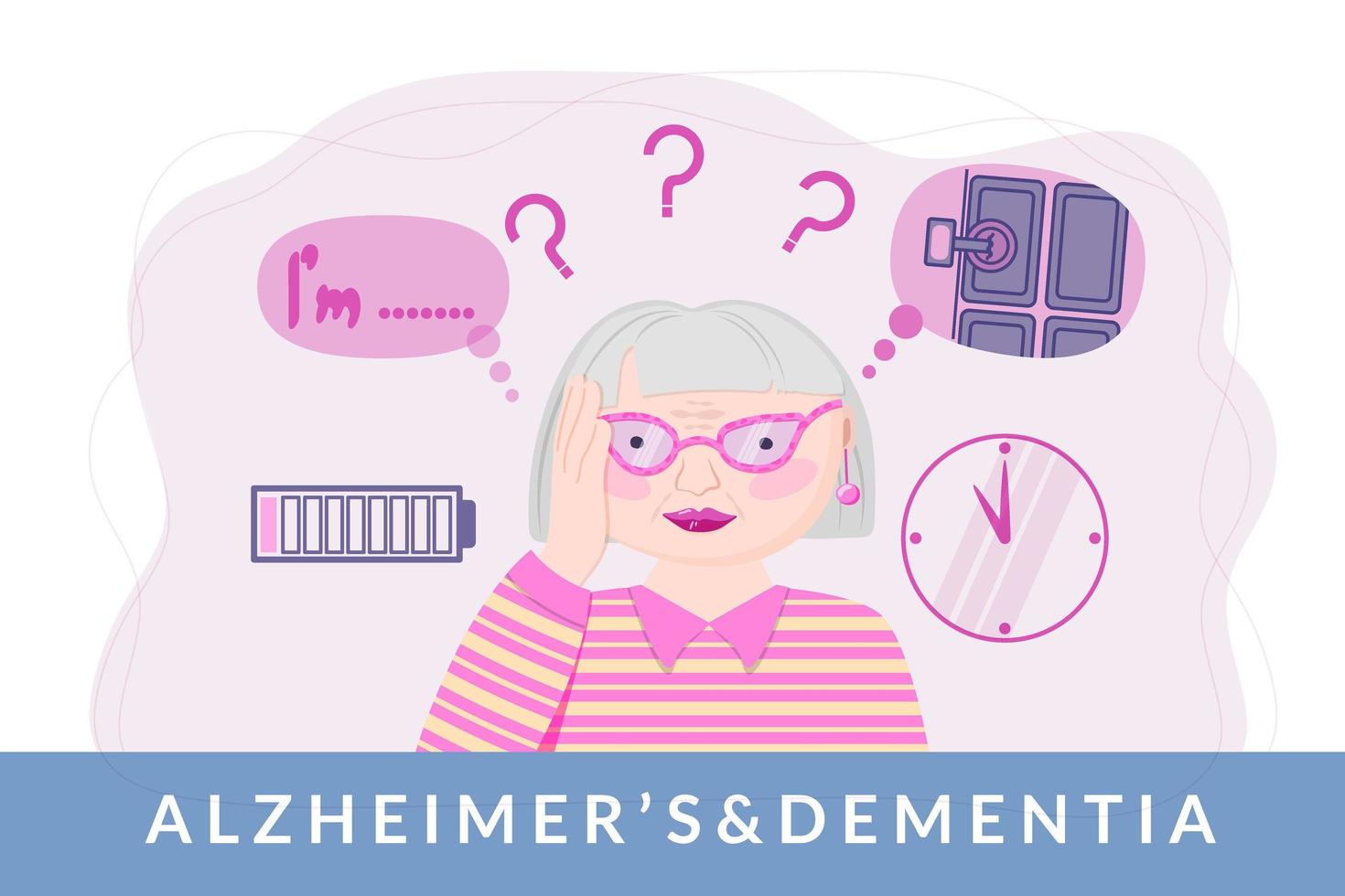 begreppet Alzheimers sjukdom. trevlig äldre kvinna med stress, ångest och minnesproblem. kvinna som håller hennes huvud. platt stil vektorillustration. vektor