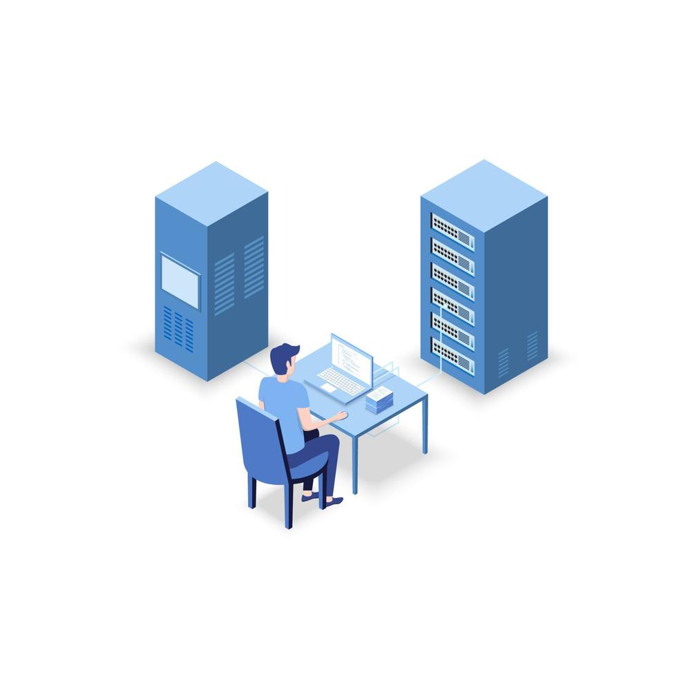 isometrische Vektordarstellung Diagnosetest in einem Server-Computerraum. Servertest im Raum. Server werden im Raum getestet. Technologie Kommunikation. Infografik Strichmännchen. vektor