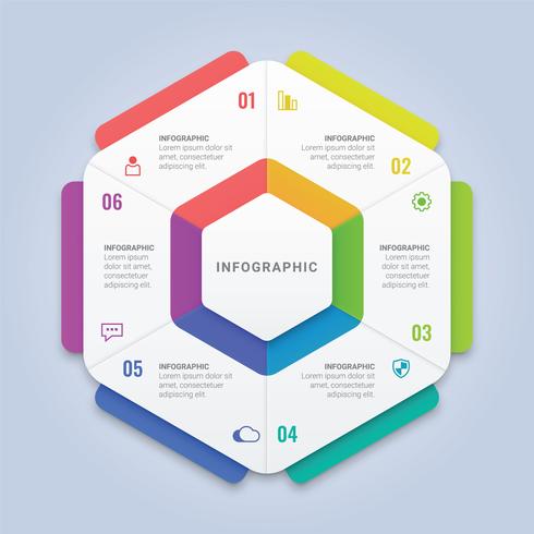 Sechseck Infographik Vorlage mit sechs Optionen für Workflow-Layout, Diagramm, Geschäftsbericht, Webdesign vektor