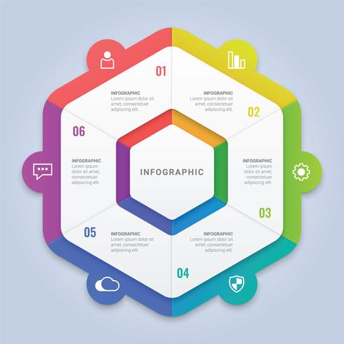 Moderne Infographik Sechseck Vorlage mit sechs Optionen für Workflow-Layout, Diagramm, Geschäftsbericht, Webdesign vektor