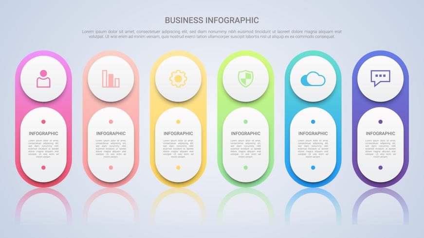 Enkel infografisk mall för företag med sexstegs mångfärgad etikett vektor