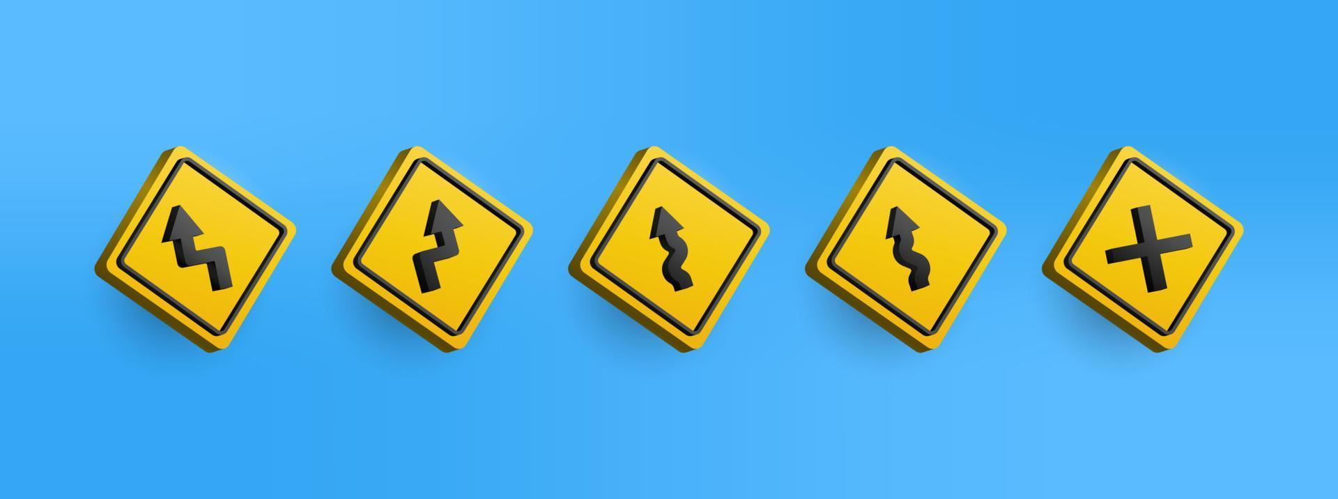 3D gul varning trafikskylt ikon samling set. vektor illustration av trafikskylt lätt redigerbar