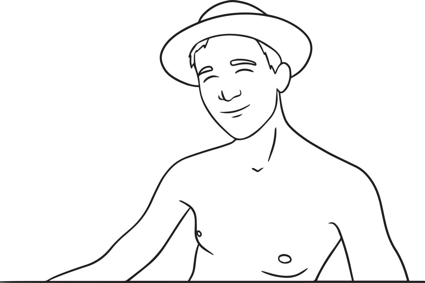 Linienvektorzeichnung eines jungen Mannes, der in einem Hut lächelt. vektor