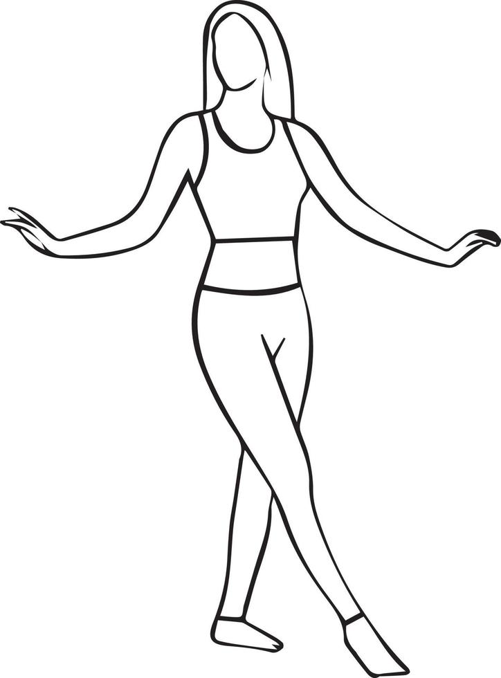 linje vektorritning av en kvinna i sportkläder poserar. vektor