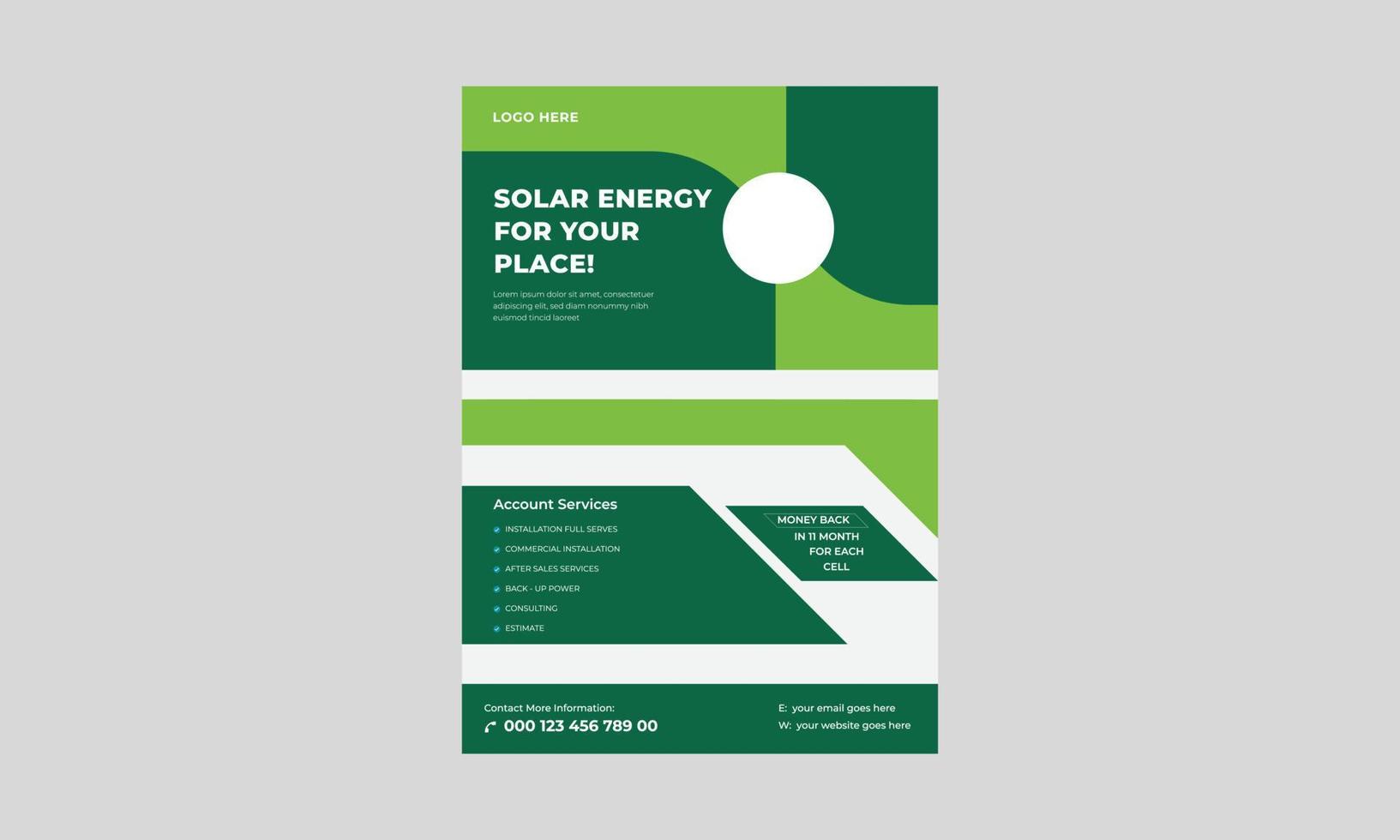 reklambladsmallar för solenergipaneler, reklambladsmallar för solenergi, reklamblad för solenergiexperter, flygbladsdesign för grön energi. vektor