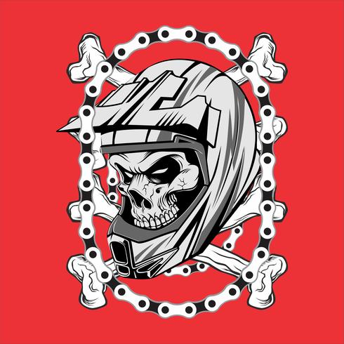 Schädel tragen Helm Motocross mit chain.vector Handzeichnung, Shirt Designs, Biker, Disk Jockey, Gentleman, Friseur und viele andere. Isoliert und leicht zu bearbeiten. Vektorabbildung - Vektor