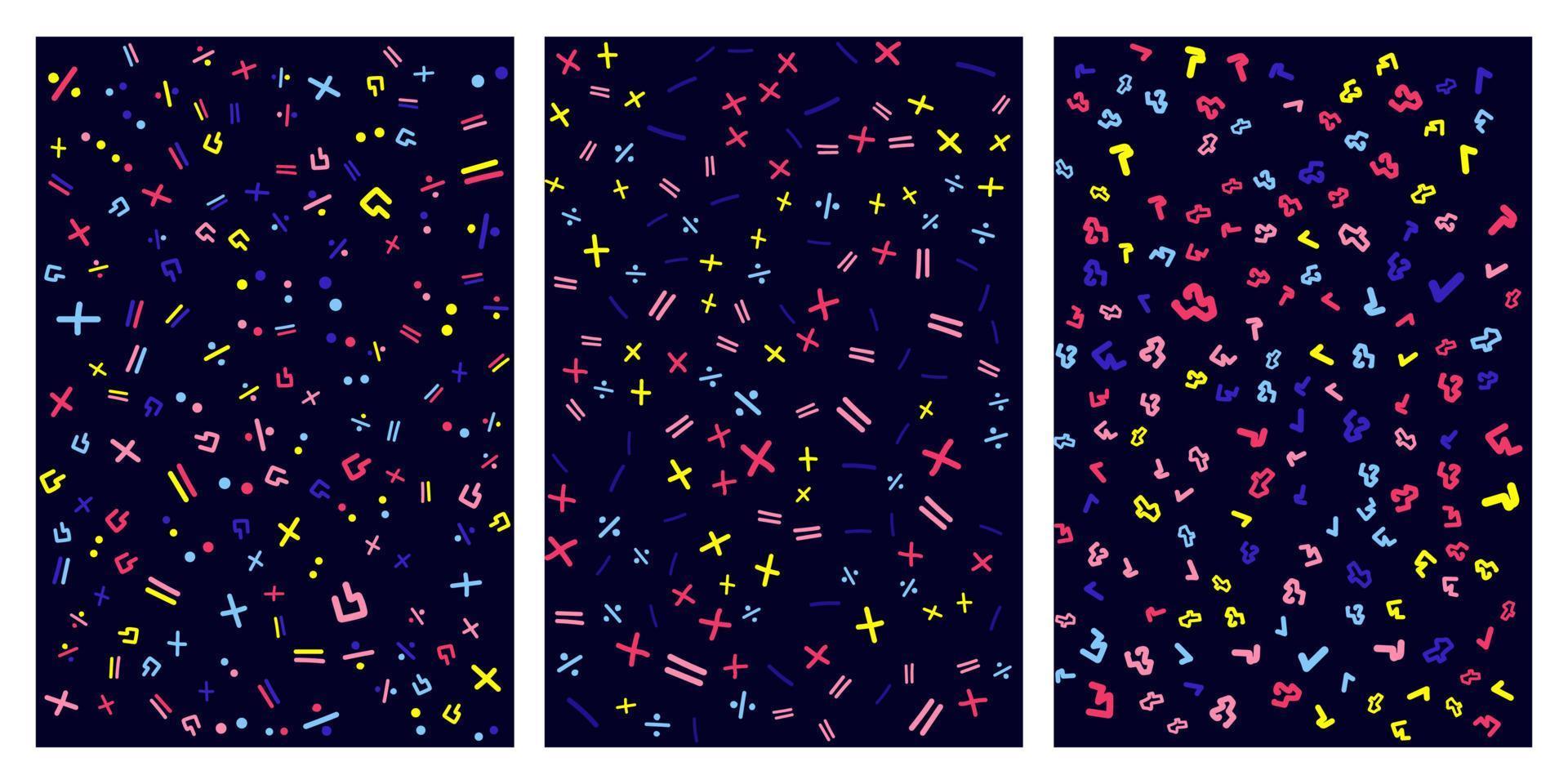 Muster, abstrakte geometrische Hintergründe mit verschiedenen geometrischen Formen - Dreiecke, Kreise, Punkte, Linien. Memphis-Stil. hell und farbenfroh im Stil der 90er Jahre. Nahtloses Vektormuster. Neonfarbe, zufällig vektor