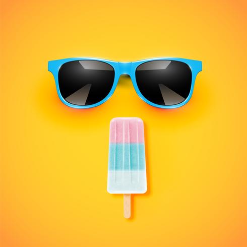 Bunte realistische Eiscreme mit einer Sonnenbrille auf gelbem Hintergrund, Vektorillustration vektor