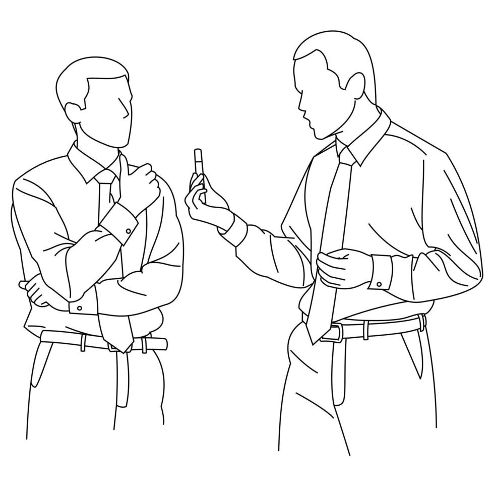 illustration von strichzeichnungen männern im anzug oder geschäftspartnern, die sehr gut diskutieren, um neue ideen zu finden, die für ihr geschäft oder ihre firma geeignet sind, um isoliert auf weißem hintergrund fortgeschrittener zu werden vektor
