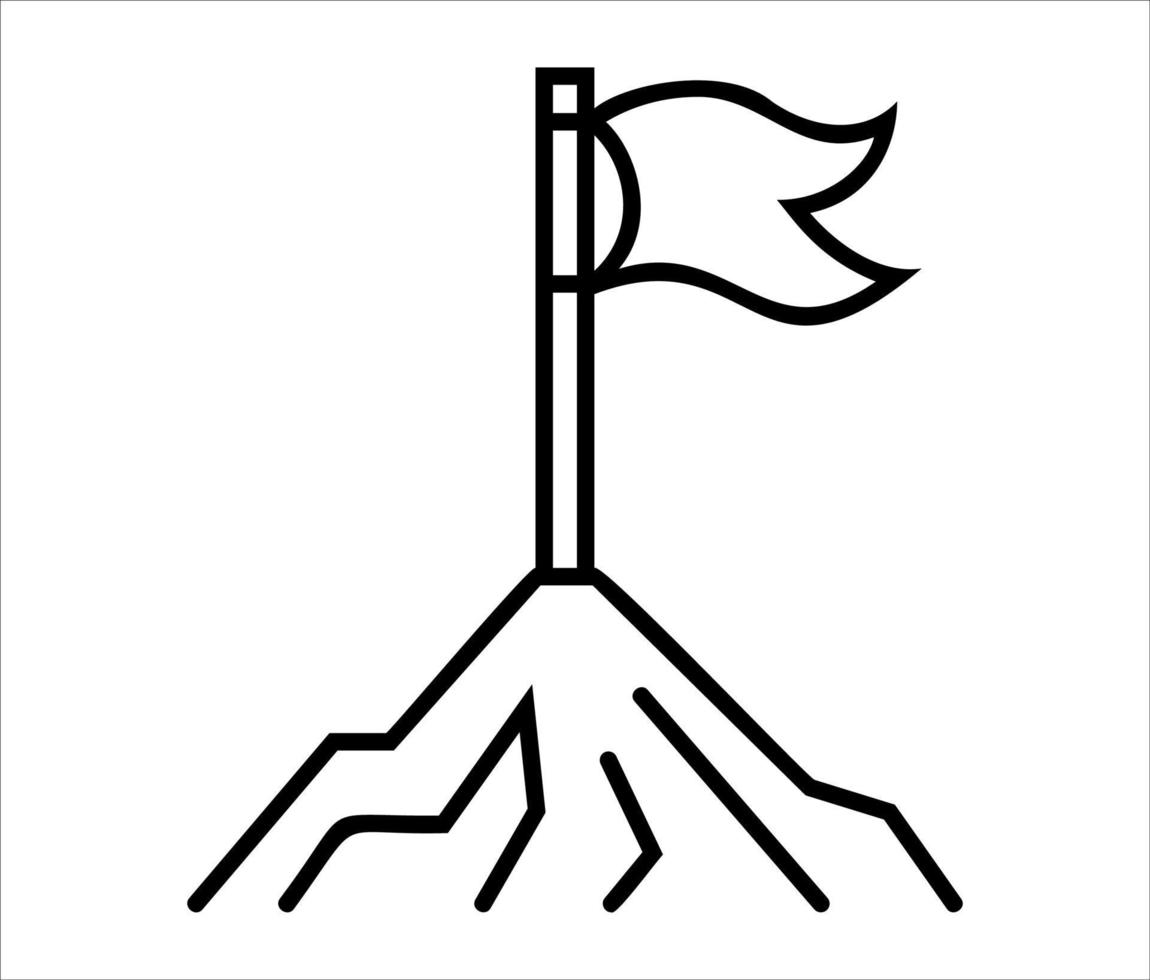 flagga på toppen av berget, svart tunn kontur ikonillustration isolerad på vit bakgrund. vektor ikon enkel illustration.