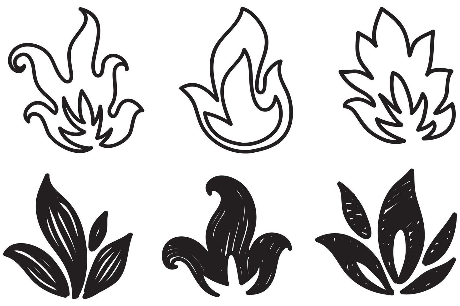 handritad brand ikoner. eld lågor ikoner vektor set. handritad doodle skiss brand, svartvit ritning. enkel brandsymbol.