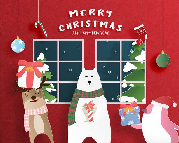 God jul och gott nytt år hälsningskort i pappersskuren stil. Vektor illustration Julfest bakgrund med lycklig familj. Banner, flyer, affisch, tapet, mall.