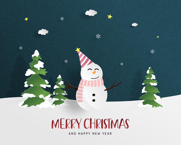 God jul och gott nytt år hälsningskort i pappersskuren stil. Vektor illustration Julfest bakgrund med Glad snögubbe. Banner, flyer, affisch, tapet, mall.