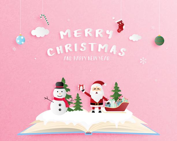 Grußkarte der frohen Weihnachten und des guten Rutsch ins Neue Jahr im Papierschnittstil. Vektor-Illustration Weihnachtsfeier Hintergrund mit Schneemann und Santa Claus. Banner, Flyer, Poster, Wallpaper, Vorlage. vektor