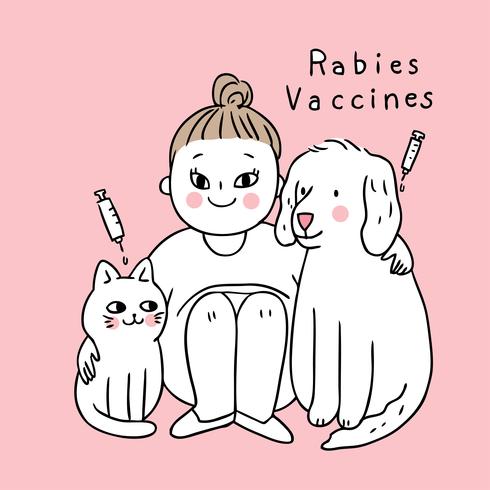Tecknad söt hund och katt tar vaccinerad rabies vektor. vektor