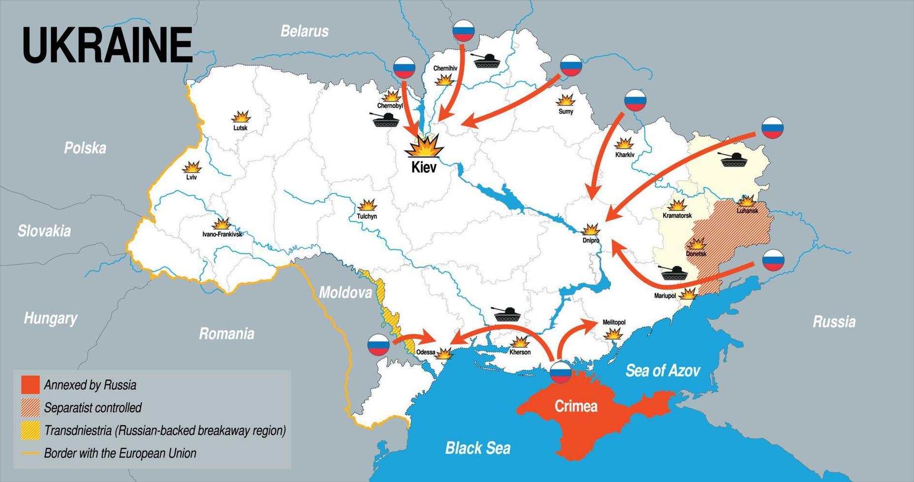 Karte der russischen Invasion in der Ukraine in blauer, grauer und weißer Farbe vektor