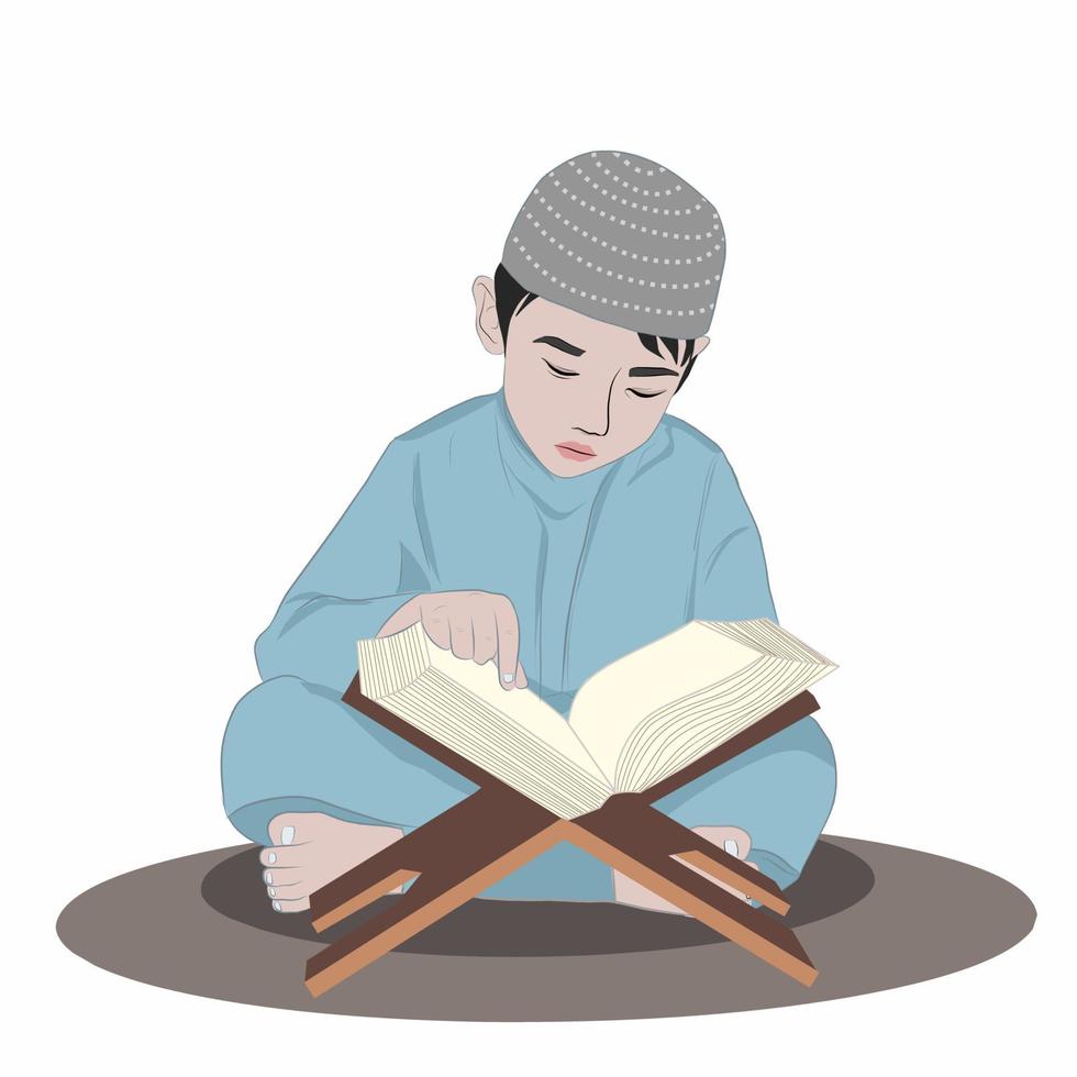 muslimischer junge oder kind liest rezitation heiligen koran während des monats ramadan positive aktivität. vektor
