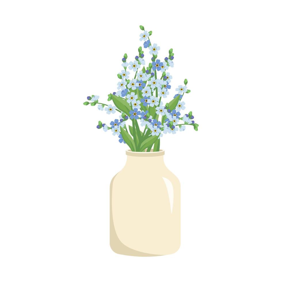 söt vår- och sommarbukett av liten blå glöm mig inte blommor med stjälkar och blad i vit vas. inredningsdesign. växtbutik. vektor illustration