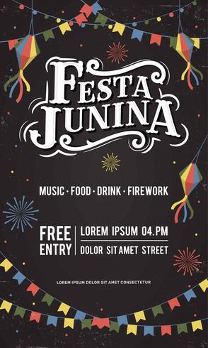 Weinlese-klassischer Guss-Beschriftungs-Hintergrund Festa Junina alte Schulmit Partei kennzeichnet Plakat, Papierlaterne und Feuerwerk. Brasilien Juni Urlaub. Vektorfahne - Abbildung vektor