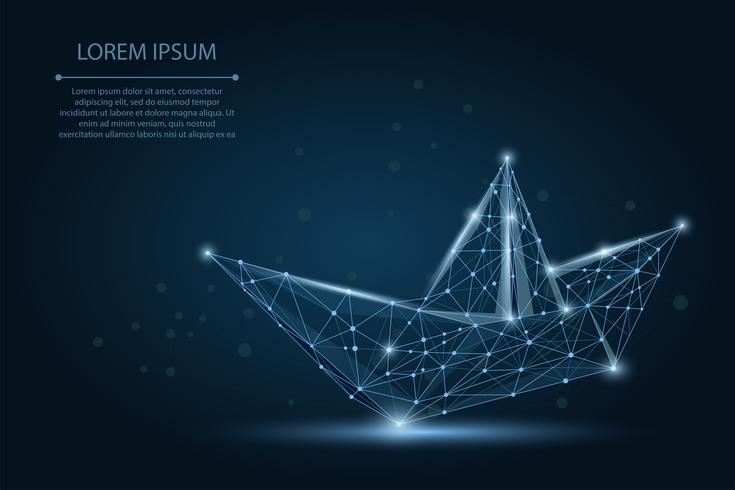 Polygonales Drahtgitter-Maschen-Origamiboot auf dunkelblauem nächtlichem Himmel mit Punktlinien und Sternen. Vektor Papier Schiff Illustration