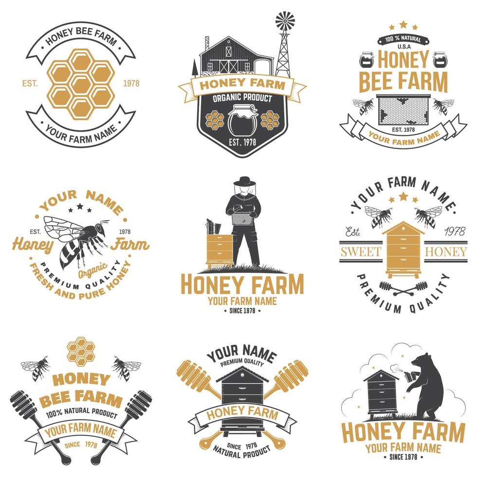 uppsättning av honungsbi gård badge. vektor. koncept för tryck, stämpel eller tee. vintage typografidesign med bi, bikakebit, bikupa och honungsbock siluett. design för honungsbigårdsföretag vektor