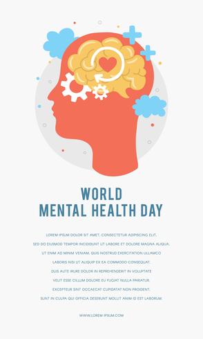 Världs mentala hälsodag affischmall. Silhuett av en mans huvud med hjärna, redskap, kärlek. Mental tillväxt. Rensa dina tankar. Positivt tänkande. Vektor - Illustration