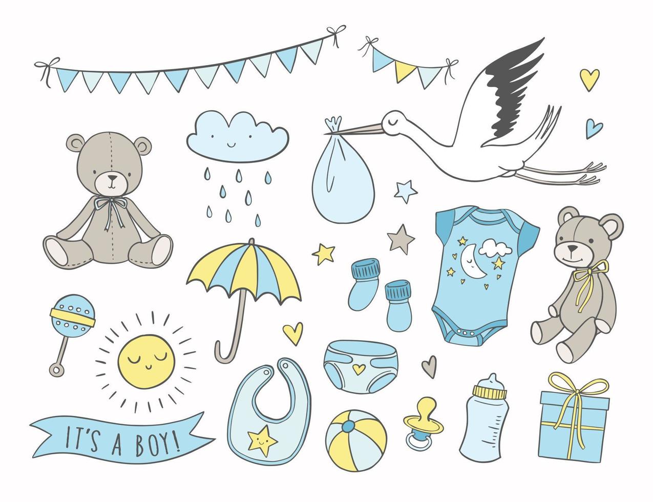 Baby-Dusche-Vektor-Illustrationen-Set. handgezeichnete neugeborene artikel und elemente. Einladungen, Karten, Kinderzimmerdekoration. vektor